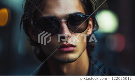 Man with dark hair and glasses is standing in front of a dark background. He is wearing a black jacket and sunglasses 122025012