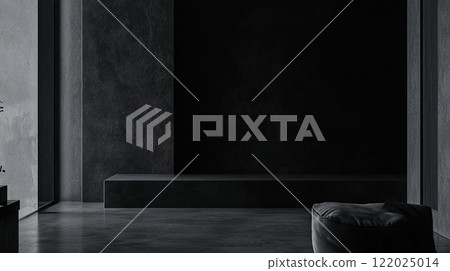 Black room with a bench and a pillow. The room is empty and has a minimalist feel Black room with a bench and a pillow. The room is empty and has a minimalist feel 122025014