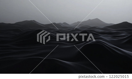 Vast, dark ocean with mountains in the background. The water is calm and still, creating a sense of tranquility and serenity. The mountains in the distance add a sense of depth 122025015