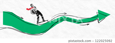 Abstract art collage. Man on skateboard riding green arrow, holding office folders, red tie flowing, symbolizing progress, agility, or efficiency. 122025092
