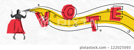 Abstract art collage. Woman shouting through megaphone, letters spelling VOTE flowing in yellow wave, symbolizing activism or civic engagement 122025093