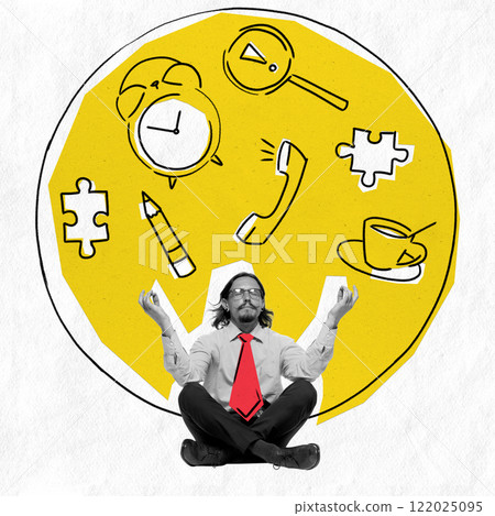 Abstract art collage. Meditating man sitting cross-legged, surrounded by yellow circle with icons of work and time, symbolizing balance and productivity. 122025095