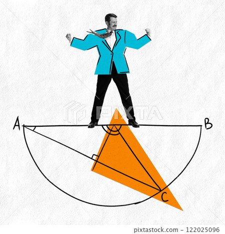 Abstract art collage. Man in blue jacket standing on semicircle with geometric orange triangle, representing balance, precision, or analytical thinking. Abstract art collage. Man in blue jacket standing on semicircle with geometric orange triangle, representing balance, precision, or analytical thinking. 122025096