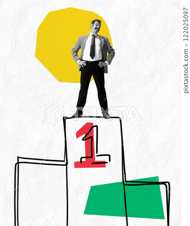 Abstract art design. Man in suit standing confidently on podium marked 1, surrounded by geometric shapes, representing leadership or achievement. Abstract art design. Man in suit standing confidently on podium marked 1, surrounded by geometric shapes, representing leadership or achievement. 122025097