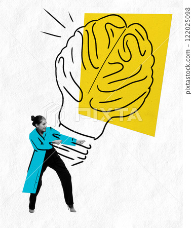 Abstract art design. Woman in blue coat holding brain-shaped lightbulb, symbolizing intellectual power or problem-solving. 122025098