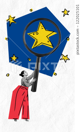 Abstract art design. Woman in red trousers observing yellow star through magnifying glass, surrounded by blue and yellow graphics, suggesting focus on excellence or goals. 122025101