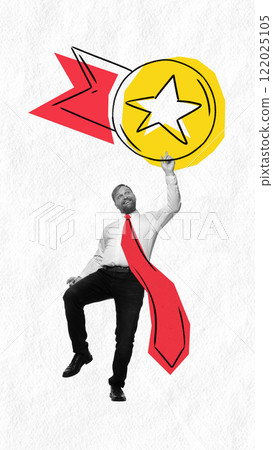 Modern artwork. Happy man in white shirt with red tie, holding yellow medal with star, conveying celebration of success or achievement. 122025105