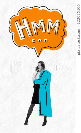 Modern artwork. Thoughtful woman in formal outfit, holding phone, with orange speech bubble HMM above, symbolizing decision-making or brainstorming. 122025106
