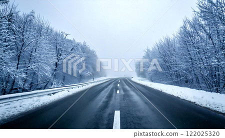 Snowy highway - Winter journey and silent scenery AI generated 122025320