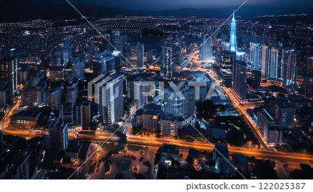 夜景城市 - 夜晚的城市景觀與閃閃發光的摩天大樓人工智慧生成 夜景城市 - 夜晚的城市景觀與閃閃發光的摩天大樓人工智慧生成 122025387