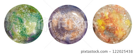 Lush green, yellow, and purple circular astronomy cosmos space planet watercolor patterns create vibrant and organic textures. Perfect for creative, earthy, and bold artistic projects 122025438