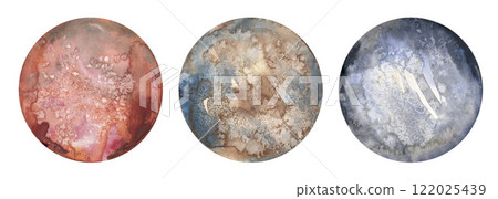 Intricate circular galaxy space planet watercolor patterns in red, brown, and blue blend harmoniously, adding texture and uniqueness to creative, modern, and decorative designs. 122025439