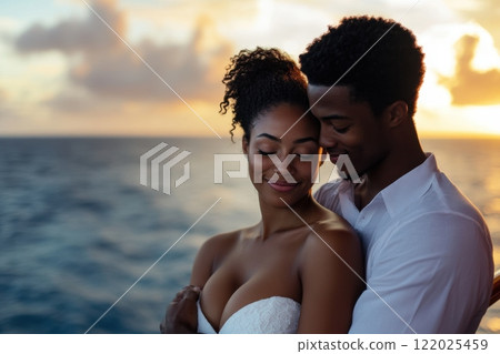 Romantic Sunset Embrace on a Cruise Ship Deck Romantic Sunset Embrace on a Cruise Ship Deck 122025459