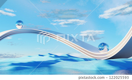 3D render, Futuristic blue seascape with reflective glass spheres on curved white bridges under a bright sky. 122025593