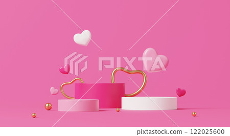 3D render, Minimal pastel podiums with floating pink and white hearts on vibrant pink background 3D render, Minimal pastel podiums with floating pink and white hearts on vibrant pink background 122025600