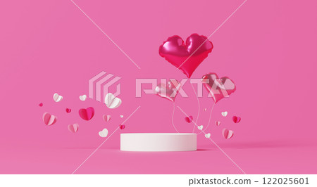 3D render, Floating heart shaped balloons with white podium on soft pink background. 3D render, Floating heart shaped balloons with white podium on soft pink background. 122025601
