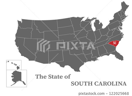 The state of South Carolina on the map of the United States of America is highlighted in red. States of the USA with borders on a general map 122025668