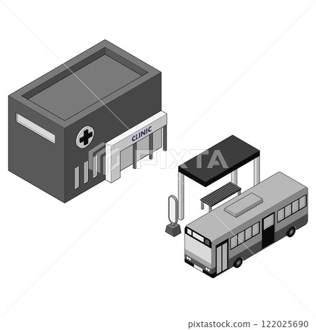 公車站和診所的單色等距插圖。線條畫風格，右側方法。 122025690
