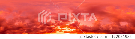 360 panorama of glowing sunset sky with bright pink Cirrus clouds. HDR 360 seamless spherical panorama. Full zenith or sky dome sky replacement for aerial drone panoramas. Climate and weather change. 122025985