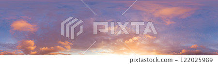 360 panorama of glowing sunset sky with bright pink Cumulus clouds. HDR 360 seamless spherical panorama. Full zenith or sky dome sky replacement for aerial drone panoramas. Climate and weather change. 360 panorama of glowing sunset sky with bright pink Cumulus clouds. HDR 360 seamless spherical panorama. Full zenith or sky dome sky replacement for aerial drone panoramas. Climate and weather change. 122025989