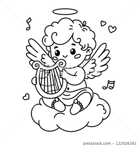 Charming Cupid vector illustration playing a harp. Perfect for Valentine's Day and coloring activities 122026261