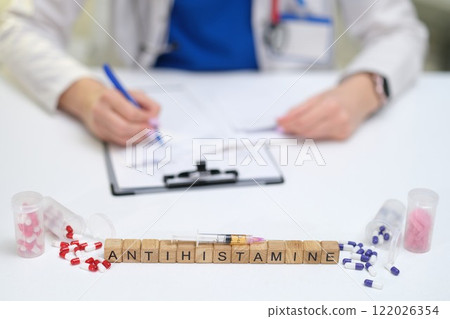The scene involves antihistamine medication, highlighting its prescription processes in detail The scene involves antihistamine medication, highlighting its prescription processes in detail 122026354