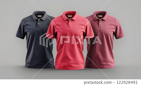 Men's polo shirts in a row on grey background. 122026491