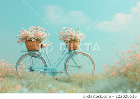 Beautiful vintage bicycle with flower baskets in a sunny meadow Beautiful vintage bicycle with flower baskets in a sunny meadow 122026536