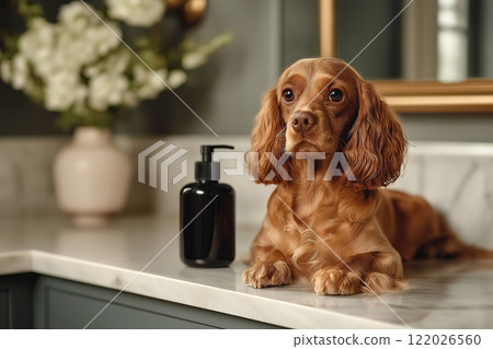 Adorable dog resting on a bathroom counter beside grooming product mockup 122026560