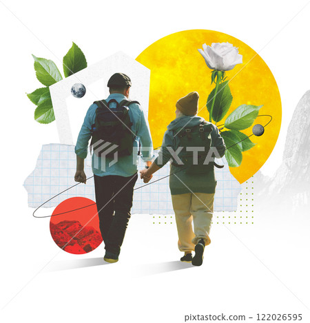 Elderly couple holding hands and hiking with backpacks, exploring scenic landscape surrounded by bright abstract and floral elements. Creative art collage. Elderly couple holding hands and hiking with backpacks, exploring scenic landscape surrounded by bright abstract and floral elements. Creative art collage. 122026595