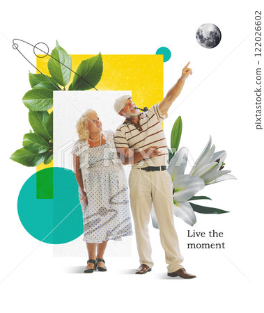 Elderly couple looking upwards, man with pipe pointing on sky, surrounded by flowers and abstract elements. Creative art collage. Elderly couple looking upwards, man with pipe pointing on sky, surrounded by flowers and abstract elements. Creative art collage. 122026602