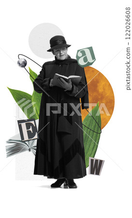 Elderly woman in black dress and hat reading book with abstract celestial shapes and floral elements. Wisdom. Creative art collage. Elderly woman in black dress and hat reading book with abstract celestial shapes and floral elements. Wisdom. Creative art collage. 122026608
