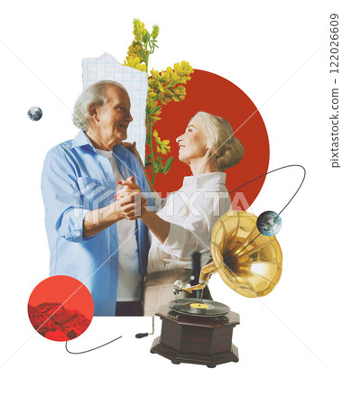 Elderly couple dancing with vintage gramophone, bright floral and abstract design elements in the background. Creative art collage. Elderly couple dancing with vintage gramophone, bright floral and abstract design elements in the background. Creative art collage. 122026609