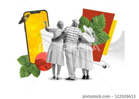 Back view of three elderly friends interact with giant smartphone,surrounded by abstract colorful designs and floral elements. Creative art collage. Back view of three elderly friends interact with giant smartphone,surrounded by abstract colorful designs and floral elements. Creative art collage. 122026613