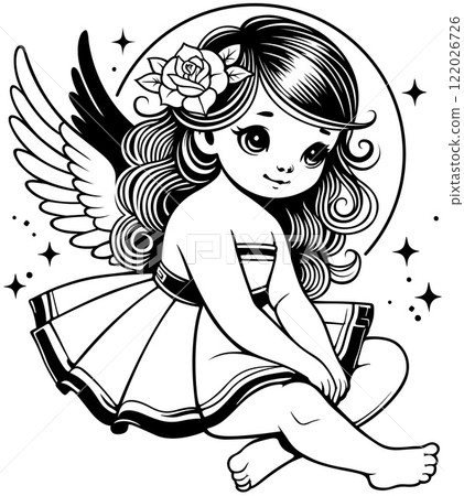 Seated Long-haired Cartoon Girl in a Dress 122026726