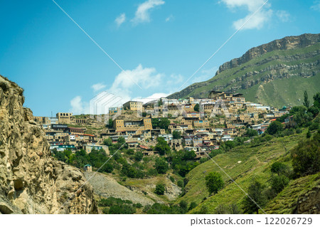 Chokhsky terraces Dagestan. Landscape of mountainous Dagestan with terraced fields and peaks mountains in the distance. Chokhsky terraces Dagestan. Landscape of mountainous Dagestan with terraced fields and peaks mountains in the distance. 122026729