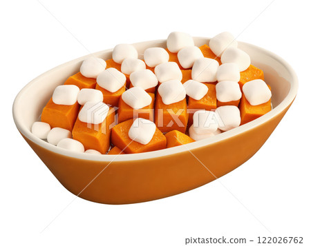Candied yams, orange sweet potatoes, glistening with brown sugar glaze and marshmallows, in white ramekin, hero shot on transparent 122026762