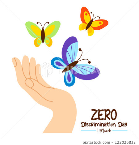 Zero discrimination day. Multicolored rainbow butterflies fly out from palm of hand. International holiday 1 march. Butterfly as symbol. Vector illustration in flat style celebrate, greeting card, Zero discrimination day. Multicolored rainbow butterflies fly out from palm of hand. International holiday 1 march. Butterfly as symbol. Vector illustration in flat style celebrate, greeting card, 122026832