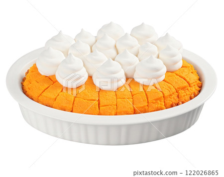 Sweet Potato Casserole, golden marshmallow topping, vibrant orange filling, isolated on transparent, hero shot 122026865