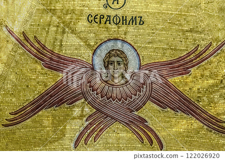 Belgrade, Serbia- 10162024: The Temple Of Saint Sava indoor interior, people pray in an Orthodox church, frescoes on the ceilings and walls of the church. High quality photo 122026920