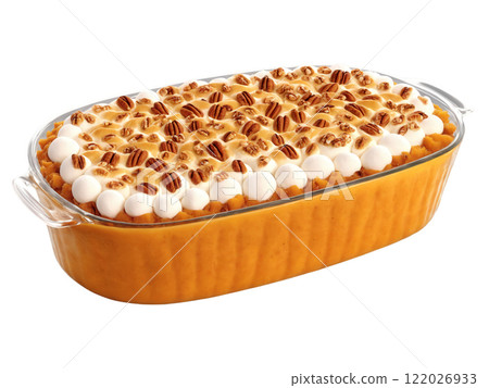 Sweet Potato Casserole Creamy sweet potato casserole with marshmallow and pecan topping, transparent bg. 122026933