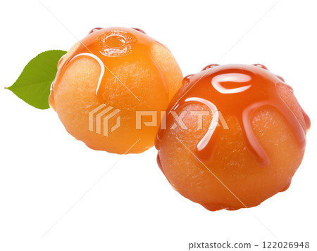 Gulab Jamun, deep-fried dough balls soaked in rose-flavored sugar syrup, garnished with silver leaf, dynamic composition, vibrant Indian color palette, 122026948
