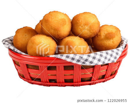 Hush puppies, crispy golden brown fried cornbread balls, in red basket with gingham liner, isolated on transparent background 122026955