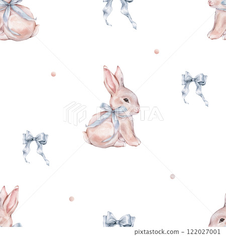Watercolor seamless pattern with cute white rose bunny with blue bow and polka dots. Repeat pattern pastel color with rabbit. Tender watercolor hand drawn illustration for holiday or kids design. Watercolor seamless pattern with cute white rose bunny with blue bow and polka dots. Repeat pattern pastel color with rabbit. Tender watercolor hand drawn illustration for holiday or kids design. 122027001