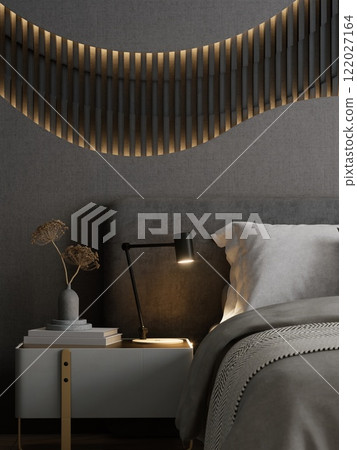 A cozy bedroom scene featuring a stylish bed, modern bedside lamp, and decorative wall art, creating a warm and inviting atmosphere. 3d rendering close up headboard design. A cozy bedroom scene featuring a stylish bed, modern bedside lamp, and decorative wall art, creating a warm and inviting atmosphere. 3d rendering close up headboard design. 122027164
