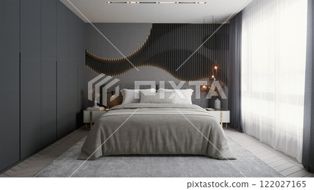 A modern bedroom featuring a neutral color palette, elegant decor, and stylish wall design, creating a serene and inviting atmosphere. 3d rendering. 122027165