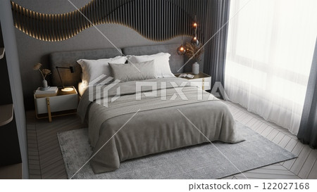 A modern bedroom featuring a stylish bed with neutral linens, decorative pillows, a textured wall design, and ample natural light from large windows. 3d rendering interior apartment. 122027168
