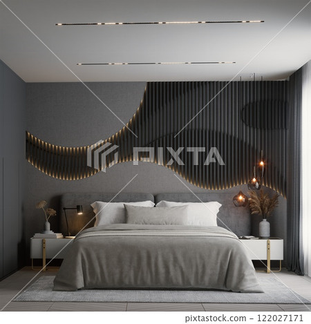 A modern bedroom featuring a stylish wall design with flowing patterns, elegant bedding, and ambient lighting for a cozy atmosphere. 3d rendering interior. A modern bedroom featuring a stylish wall design with flowing patterns, elegant bedding, and ambient lighting for a cozy atmosphere. 3d rendering interior. 122027171
