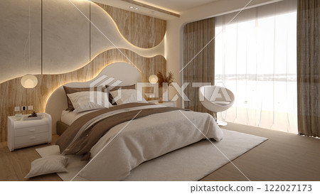 A modern, stylish bedroom featuring a cozy bed, elegant decor, warm lighting, and large windows providing ample natural light. 3d rendering master bed. 122027173
