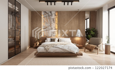 A modern bedroom with warm wooden accents, a cozy bed, stylish decor, and large windows allowing natural light to brighten the space. 3d rendering 122027174